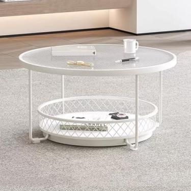 Imagem de Mesa de centro redonda de vidro com armazenamento, mesa central moderna de 2 camadas para sala de estar, mesa de coquetel, mesa de chá para sala de estar, varanda