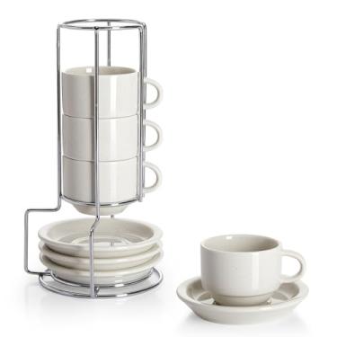 Imagem de Sweese Conjunto de 4 xícaras de café expresso empilháveis de porcelana com pires e suporte de metal, 71 ml, cinza pomba