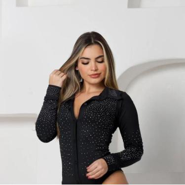 Imagem de Body Feminino Camisa Preto com Pedrarias Explosão Manga Longa Balada C