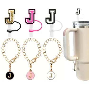 Imagem de (3 +3) 3 peças Stanley Tumbler Cup Straw Cover 10 mm reutilizável tampa de palha topper com 3 pingentes de letra inicial acessórios nome ID alça personalizada charme para copo Stanley 76 ml copo (J)