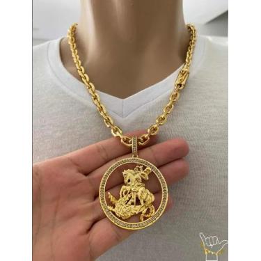 Imagem de Corrente Cadeado 8mm + Pingente São Jorge - Banhado a Ouro - ToJoia18k