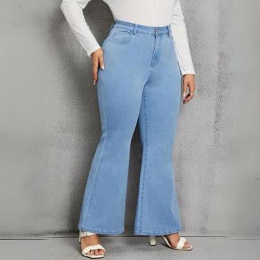 Imagem de Calça Flare Plus Size Jeans Feminina Boca de Sino Cintura Alta Modelad