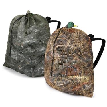 Imagem de VicBre Pacote com 2 bolsas de malha com alça de ombro, bolsa de chamariz de pato, bolsa de caça para pato ganso peru chamarizes de aves aquáticas armazenamento verde + camuflagem