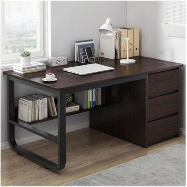 Imagem de Mesa de escritório multifuncional moderna com 3 gavetas e prateleiras de armazenamento - Mesa ajustável para estação de trabalho de computador e área de estudo, nogueira, 140 x 48 x 75 cm