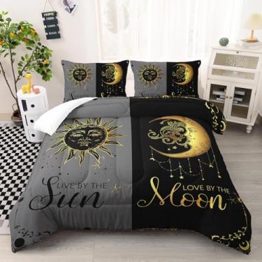 Imagem de Ntlfup Jogo de cama casal lua e sol, estilo boêmio, 3 peças, edredom cinza e preto, decoração de casa