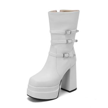 Imagem de Rock88 Botas femininas de cano médio, salto alto com fivela e zíper lateral, bico quadrado para formatura ou festival de música, branca, 35