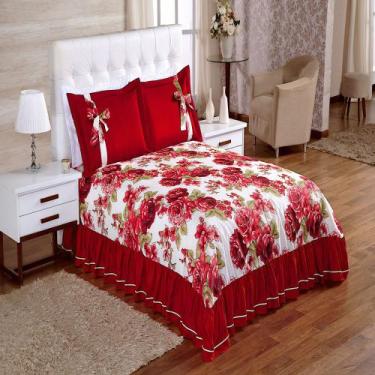 Imagem de Cobre Leito Casal Isabela Floral Vermelho Enxovais Aquarela 3 peças