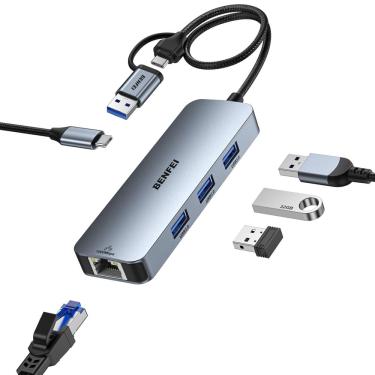 Imagem de Adaptador usb-c USB 3.0 para Gigabit Ethernet + Hub USB 3.0 de 3 portas benfei