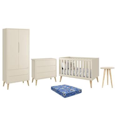 Imagem de Dormitório Theo Retrô 2 Portas, Cômoda, Berço, Mesa de Apoio com Pés Madeira Natural e Colchão - Reller Móveis Areia Fosco