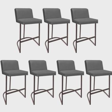 Imagem de Kit 07 Banquetas Com Encosto Noah Luxo Confort Bistrô Cozinha Ferro Marrom Suede Cinza - Ahz Móveis