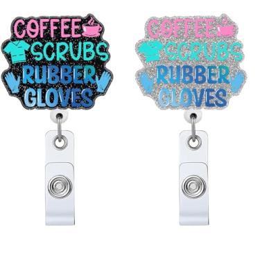 Imagem de 2P Luvas de borracha para esfregar café retrátil carretel de crachá preto com clipe jacaré, porta-crachá engraçado presente para enfermeiras médicas, assistentes médicos, LPN RN CNA