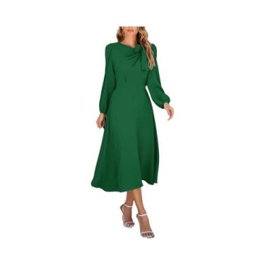 Imagem de Vestido Midi Feminino De Cor Sólida, Gola Redonda, Manga Comprida, Ver