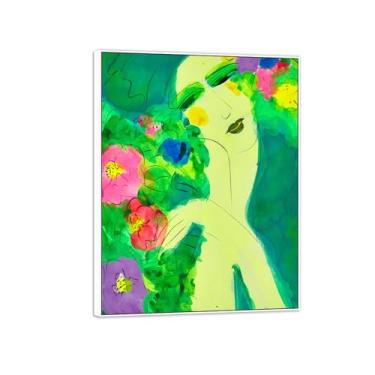 Imagem de MUHJDYC Walasse Ting Wall Art Picture-Famous Canvas Prints Reprodução Quadro Branco Quadro para Sala de Estar Quarto Decoração de Casa (Senhora com Flores) 20x25cm-8x10in