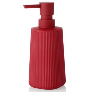 Imagem de YAUKPH Dispensador De Sabonete Pequeno Para Banheiro E Cozinha, Saboneteira Plástico Estilo Fazenda Listrada Moderna Com Bomba, Vermelho Fosco