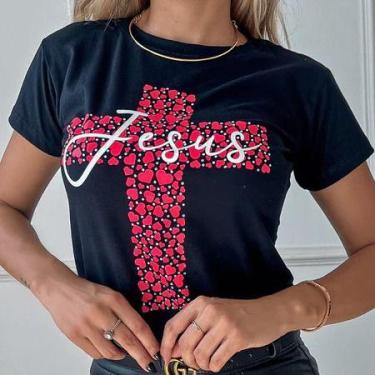 Imagem de Blusa T-shirt Moda Feminina Camiseta Evangélica Deus Algodão Baby Look