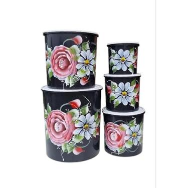 Imagem de Kit Mantimento 5 Peças Decorado A Mãojogo De Mantimento Lata Plástico,Organizador Alimentos(PRETO flor,5 peças)