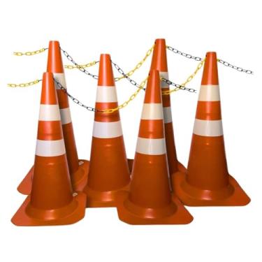 Imagem de 6 Cones de Sinalização para Estacionamento 75cm e 6m de Corrente de Isolamento (Laranja e Branco)