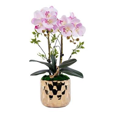 Imagem de Flor artificial em vaso orquídeas flores artificiais Phalaenopsis - flores falsas de orquídea em vaso de cerâmica dourada - enfeite de mesa de centro de mesa de jantar para festa de casamento