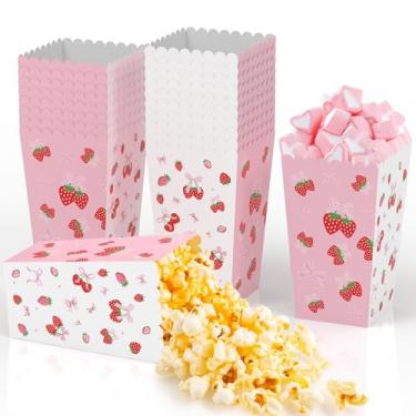 Imagem de 20 peças de caixas de pipoca de morango com laço rosa, laços, baga, doce, papel, pipoca, doce, bolsa de presente para meninas, na moda, baga, primeiro aniversário, chá de bebê, despedida de solteira