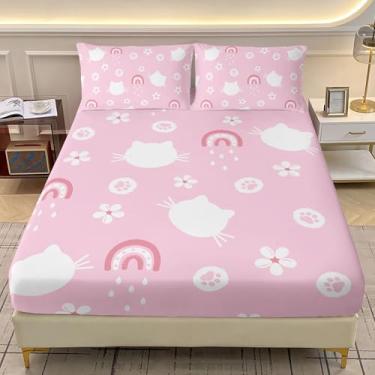 Imagem de AILONEN Jogo de lençol kawaii, solteiro, GG, desenho floral, gato, gatinho, arco-íris, para crianças, meninas, lençol com elástico rosa e 2 fronhas
