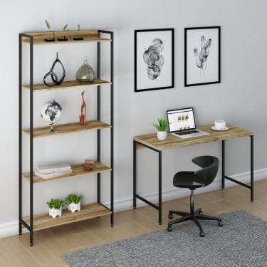 Imagem de Conjunto Estante Multiuso 5 Prateleiras E 1 Escrivaninha Industrial Active Espresso Móveis Carvalho