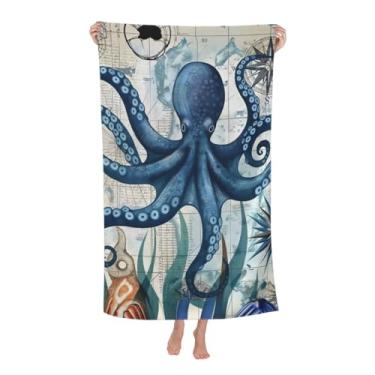 Imagem de VANZEV Toalha de praia náutica polvo 78,7 cm x 129,5 cm, toalha de banho de microfibra vintage vida marinha sem areia ultra macia de secagem rápida toalha absorvente toalha leve para decoração de