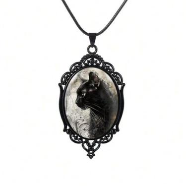 Imagem de IQIC Colar com pingente de vidro gótico feminino com pingente de sol e lua, vintage, celestial, lunar, solar, camafeu, corrente de corda gótica, acessórios de joias de bruxa mística, Large, Plástico
