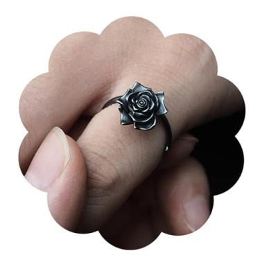 Imagem de Anel feminino de prata com flor de rosa pequena preta, ajustável, empilhável, vintage, joias personalizadas, presente para seus entes queridos, Cobre, Sem pedra preciosa