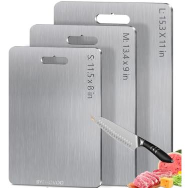 Imagem de Tábuas de corte de titânio para cozinha [conjunto de 3], tábua de corte de titânio puro dupla face | fácil de limpar | Segura para lava-louças | Alimentos crus e cozidos de grau alimentício ou tábua