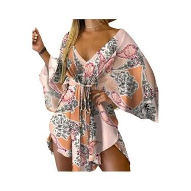 Imagem de Vestido Boêmio Feminino Estampado - Decote V, Manga Morcego e Babado -
