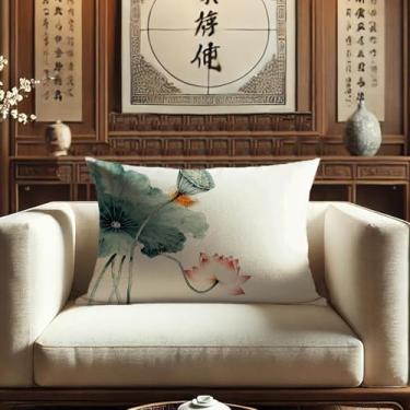 Imagem de Sladjana Enchanting Teal - Tinta chinesa verde - Capa de almofada de lótus de lavagem: Impressão digital de alta definição em imitação artística de linho (50 x 71 cm, JBHH-C)