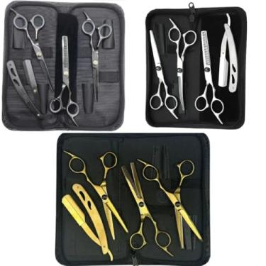 Imagem de Kit 3 Tesouras Fio Navalha Desfiadeira Profissionais Para Cabeleireiro/Barbeiro (Cor aleatória)
