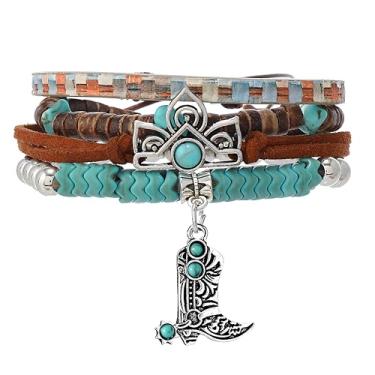 Imagem de WCRAZYE Pulseiras femininas Western Cowgirl feitas à mão turquesa cabeça de boi botas de vaca com contas empilháveis pulseiras elásticas joias boêmias presentes, Medium, Vidro Vidro Turquesa Cordão