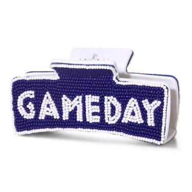 Imagem de Grampo de cabelo com contas para dia de jogo para mulheres, clipes de cabelo grandes de futebol americano, fã de time esportivo, acessórios para mães, roupas de dia de jogo (azul branco)