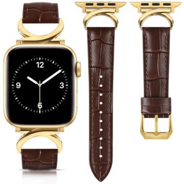 Imagem de mxiixnai Pulseira de couro feminina compatível com Apple Watch séries 10/9/8/7/6/4/3/2/1/se/Ultra/Ultra 2 (49 mm, 46 mm, 45 mm, 44 mm e 42 mm, padrão de crocodilo marrom/dourado)