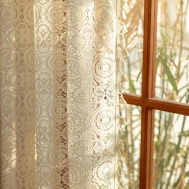 Imagem de Cortina de renda boho bege 262 cm de comprimento 1 painel geométrico folha floral boêmia cortina com borlas para sala de estar, bolso para varão, privacidade, filtro de luz, vintage, crochê