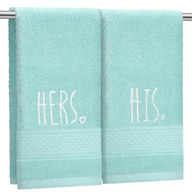 Imagem de Tingjoo 2 peças de toalhas de mão de casal 100% algodão bordado toalha de banheiro presente para casal, aniversário de casamento decoração de banheiro 73,7 x 33 cm (azul lago, dele, dela)