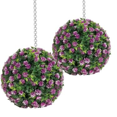 Imagem de Bolas Artificiais de Buxo,Bolas De Buxo Artificiais Com Flores | 2 Peças Decorações Impermeáveis E Penduráveis Para Pátio, Interior, Jardim, Casamento, Varanda, Exterior, Alpendre,