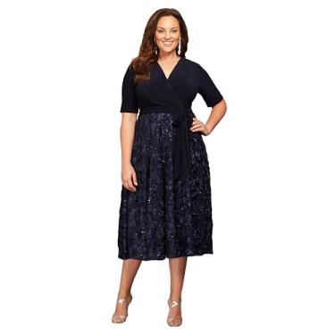 Imagem de Alex Evenings Vestido feminino plus size comprimento chá com detalhe de roseta, Gravata frontal azul-marinho, 58