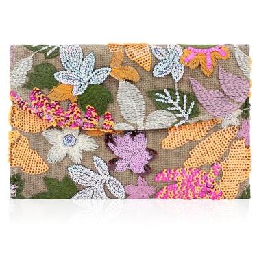 Imagem de Bolsa clutch de casamento bordada de lantejoulas para mulheres - Bolsa de noite com envelope floral com contas | Bolsa de festa fina | Casamento, Formatura, Laranja