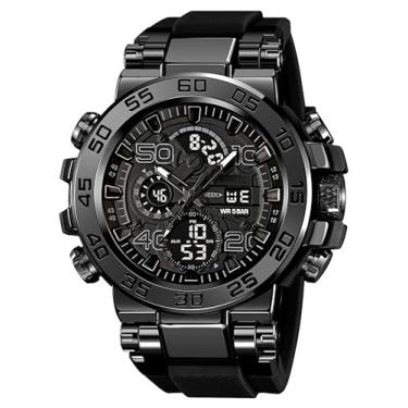 Imagem de Relógio masculino digital à prova d'água, mostrador grande, analógico, quartzo, tático, militar, alarme, relógio masculino, relógio esportivo multifuncional, Preto, Casual