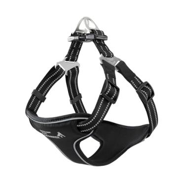 Imagem de EXCELLENT ELITE SPANKER Peitoral refletivo de nylon para cães, acolchoado, sem puxão, ajustável, com placa de identificação, clipe frontal, peitoral para cães pequenos, médios e grandes (preto, P)