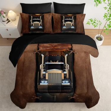 Imagem de AILONEN Conjunto de edredom infantil com estampa de caminhões, cama marrom de 7 peças, caminhão e floresta ao anoitecer, cama macia e lençol com elástico com lençol de cima, 2 fronhas, 2 fronhas