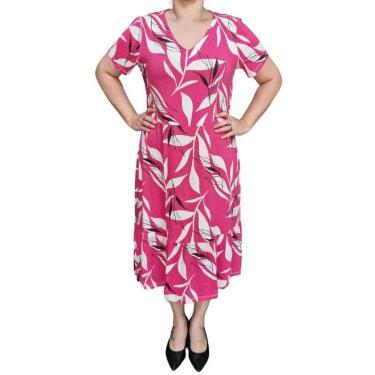 Imagem de Vestido Biografia Estampa Folhas Rosa Plus Size-Feminino
