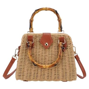 Imagem de DODAMOUR Bolsa transversal de palha, bolsa de ombro de tecido com alça de bambu, pequena bolsa de verão com alça de couro e aba magnética, bolsa de viagem casual para mulheres (marrom)