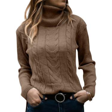 Imagem de Suéter Langwyqu, gola alta, tricotado feminino, marrom
