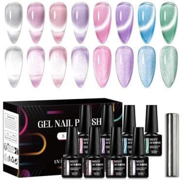 Imagem de MEET ACROSS Conjunto de 8 peças de esmalte de gel olho de gato, conjunto de esmaltes de gel com glitter, rosa claro, roxo, prata, olho de gato, kit de esmalte de gel com ímã de imersão UV/LED, arte de