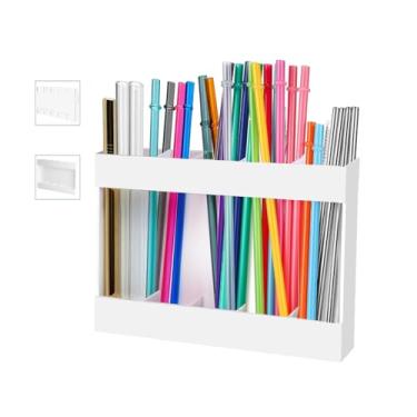 Imagem de Suporte de canudo de acrílico grande para armário - recipiente pequeno para acessórios de cozinha. Organizador de canudo reutilizável com fita adesiva dupla face (24 cm) branco