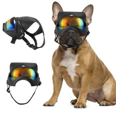 Imagem de Óculos de sol para cães, proteção UV com chapéu de sol removível para raças médias-grandes, proteção ocular para cães com alça ajustável (vidro colorido)