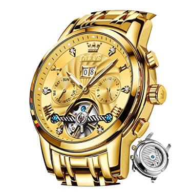 Imagem de OLEVS Relógio masculino automático mecânico com corda automática para homens vestido de negócios esqueleto luminoso à prova d'água diamante semana mês, Dourado, olevs relógio masculino